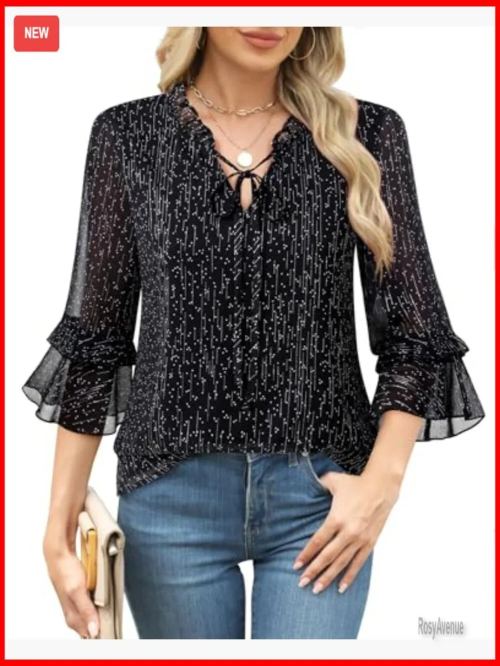 Elegant 3/4 Sleeve V-Neck Ruffle Blouse Tunics Work Shirt - Picture 2 of 7